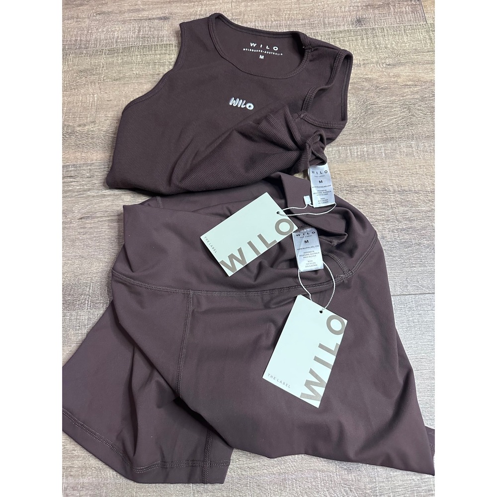 WILO The Label Espresso Ribbed Racer Tank and Scrunch Butt Biker Shorts Set Med - Picture 8 of 9